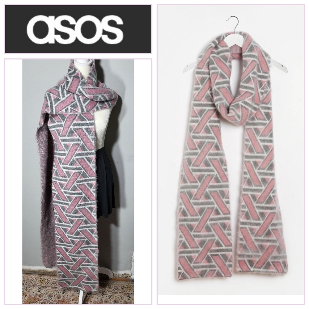 NWOT ASOS Soft Pink and Gray Geometric Scarf Ultra Long and Cozy